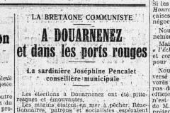 Page 1 de l'humanité du 6 mai 1925 annonçant l'élection de Joséphine Pencalet au conseil municipal de Douarnenez